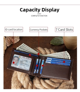 Internal layout of brown leather bifold wallet with RFID slots and ID window