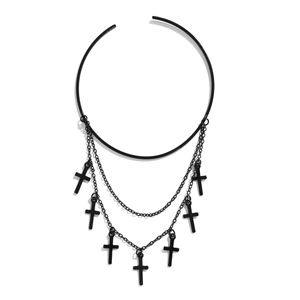 Gothic black choker featuring a metal ring with three-layer chains and cross pendants