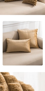 Detail of plush faux rabbit fur texture and checkered pattern on beige decorative pillowcase