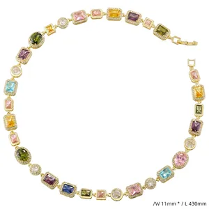 Detailed view of colorful crystal choker necklace with gold metal setting measuring 43cm