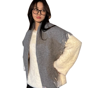 Gray knitted shawl scarf with long fringes for women, elegant winter wrap style
