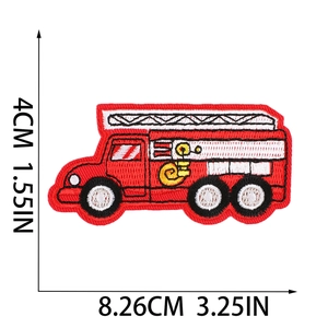 Size specifications for red fire truck embroidered patch measuring 8.26cm by 4cm