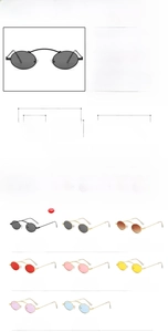 Detailed size chart and multi-color options for small oval metal frame sunglasses