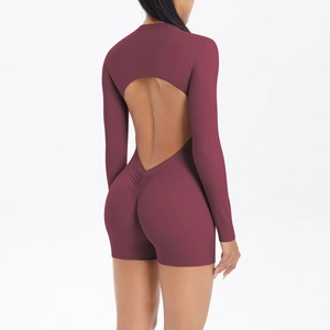 Detail of burgundy backless bodysuit with scrunch butt design for yoga and fitness