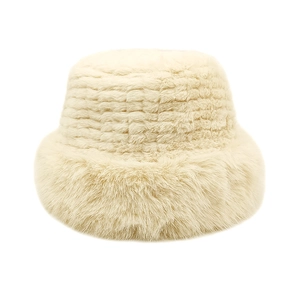 Close-up of beige faux fur bucket hat featuring textured horizontal stripe pattern