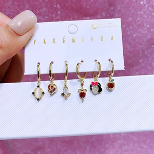 Detailed set of 6 gold-plated hoop earrings with colorful zircon and character charms