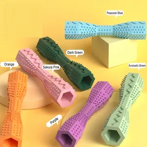 Hexagonal bone-shaped pet chew toy set in six vibrant colors with textured surface