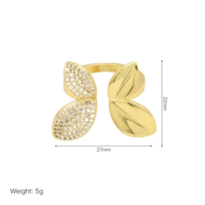 Detail view of gold-plated butterfly open ring showing 27mm x 22mm dimensions and 5g weight