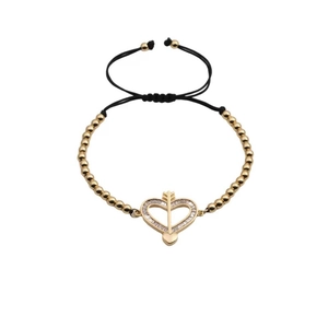 Golden heart and arrow charm bracelet with black adjustable cord for Valentine gift