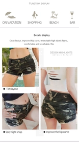 Detailansicht der elastischen Camouflage-Denim-Shorts mit weichem atmungsaktivem Stoff