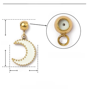 Detailed view of moon-shaped gold stainless steel charm with white enamel and rubber stopper