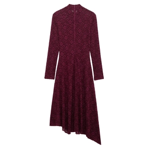 Elegant wine red lace dress with long sleeves and asymmetric hem, back view on white background