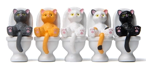 Detailed set of 5 cartoon cats sitting on mini toilets for desk decoration