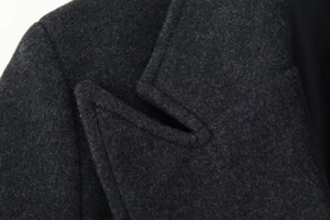 Detailed close-up of dark grey wool blend coat neckline showing premium fabric texture