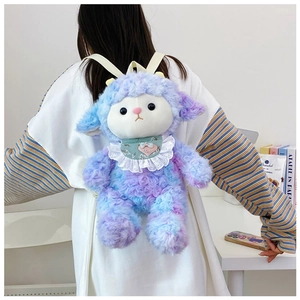 Detail of plush lamb backpack showing blue-purple fur texture and floral lace bib