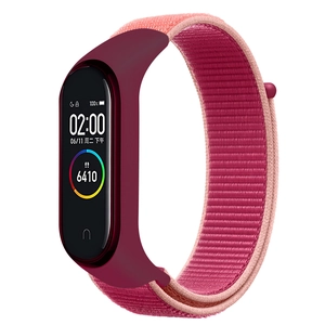 Sporty nylon loop strap for smart bracelet in wine red with adjustable hook and loop fastener