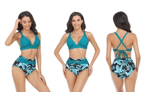 Three-way view of V-neck ruffled bikini top and high-waisted tropical leaf print bottom