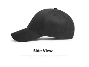 Side view of plain black cotton baseball cap showing reinforced seams and twill texture