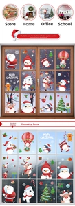 Detail view of Santa and snowman Christmas window static stickers in various scene setups