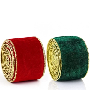 Premium red and green velvet Christmas ribbons with gold wired edges for gift wrapping
