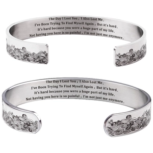 Minimalist 10mm stainless steel cuff bracelet with wave patterns and inspirational engraving
