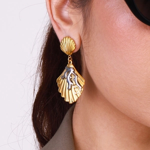 Marine 18k gold stainless steel shell earrings with silver coral detail for women