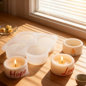 4-cavity cylindrical silicone mold for DIY candles with Hope and Love relief patterns