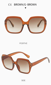 Front and side view of large square amber sunglasses with thick brown gradient lenses