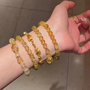 Elegant citrine crystal bead bracelets and gold bangles set for women's jewelry