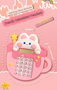 Detailed view of pink rabbit calculator keychain with numerical buttons and cute design