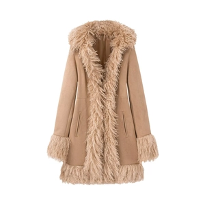 Women's winter slim faux suede coat with plush fur trim and hood in camel color
