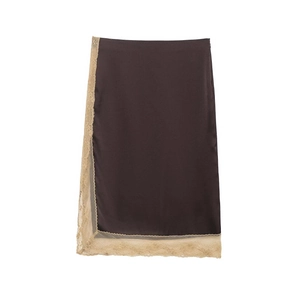 Dark brown satin skirt with light beige lace trim detail on a clean white background