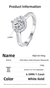 Detailed S925 silver ring specifications with 1ct moissanite and size chart display