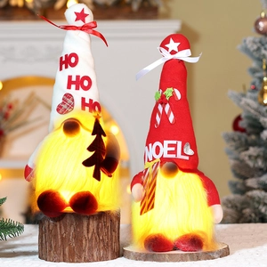Christmas Gnome Plush LED Light Up Warm Glow No Face Doll Wood Base Noel Ho Ho Ho Hat Festive Desktop Decoration Gift