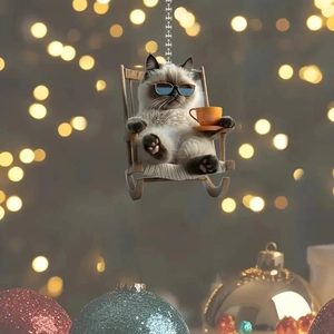 Close-up of a cute acrylic cat pendant wearing sunglasses on a rocking chair
