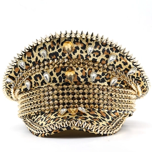 Punk captain hat with leopard print fabric, gold metal studs, and clear rhinestones