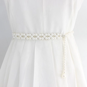 Women Artificial Pearl Waist Chain Belt Elegant Elastic Stretch Acrylic Artificial Pearl Alloy Hook Thin Cinch Belt For Dress Accessory