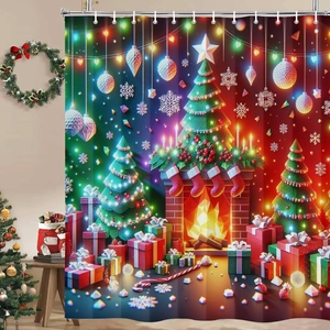 Christmas shower curtain with festive fireplace and tree pattern for bathroom decor