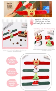 Detail of soft plush Christmas slap bracelets featuring Santa, reindeer, and festive icons