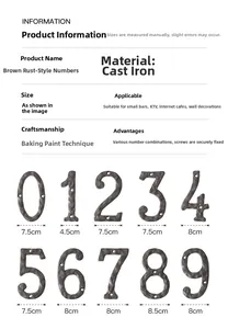 Detailed size chart of vintage brown cast iron house numbers from zero to nine