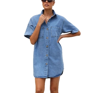 Short sleeve denim mini dress with turn-down collar and button-down front in medium blue