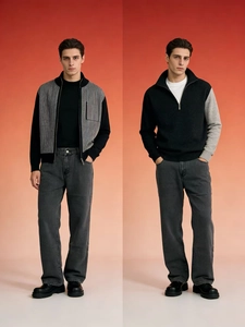 Detail of loose-fit washed denim pants and zip-up knit cardigan on a gradient background