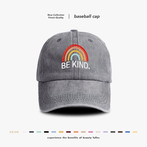 Washed Cotton Baseball Cap With Rainbow Embroidery And Be Kind Lettering Vintage Sun Shade Adjustable Hat