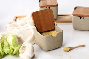 Close-up of ceramic seasoning jars with wooden lids and tray in a natural kitchen setting