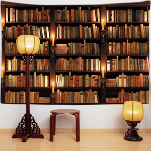 Vintage bookshelf tapestry wall hanging with depth perspective for dorm room decor