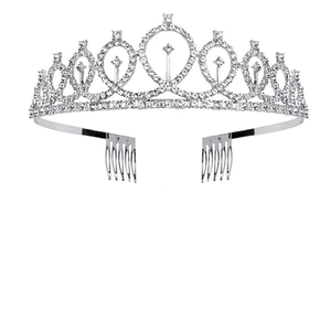 Elegant silver birthday tiara crown with sparkling rhinestones and side hair combs for women
