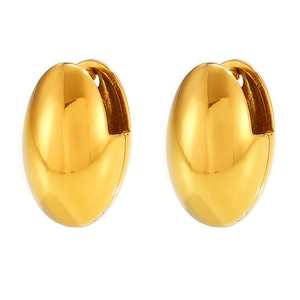 French style oval titanium steel huggie earrings with polished gold finish on white background