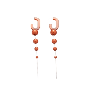 Elegant oval amber resin and orange metal ball tassel drop earrings in retro style