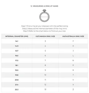 Size guide for S925 sterling silver twisted infinity ring with diameter chart