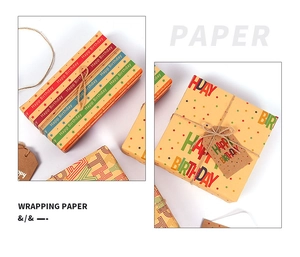 Detail of kraft birthday wrapping paper set with twine and Happy Birthday prints